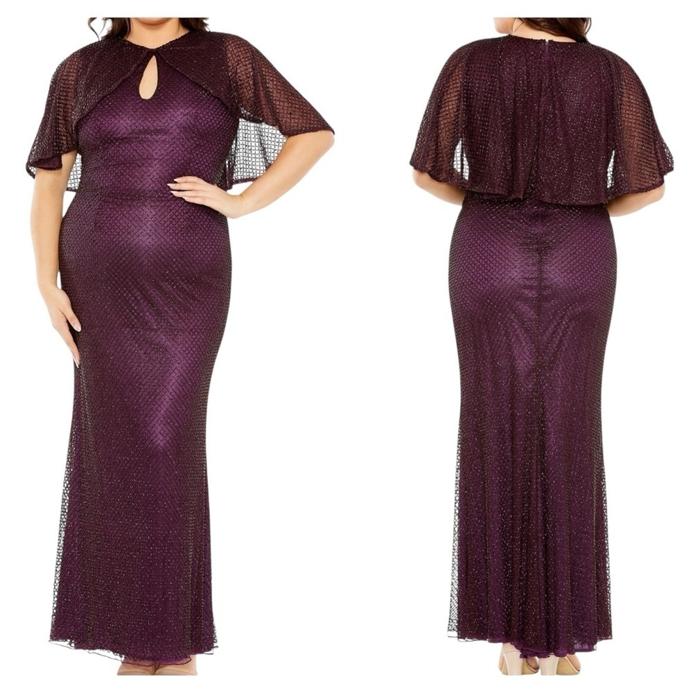 Mac Duggal New 5948 Purple Cape Sleeve Embellished Gown Size 16